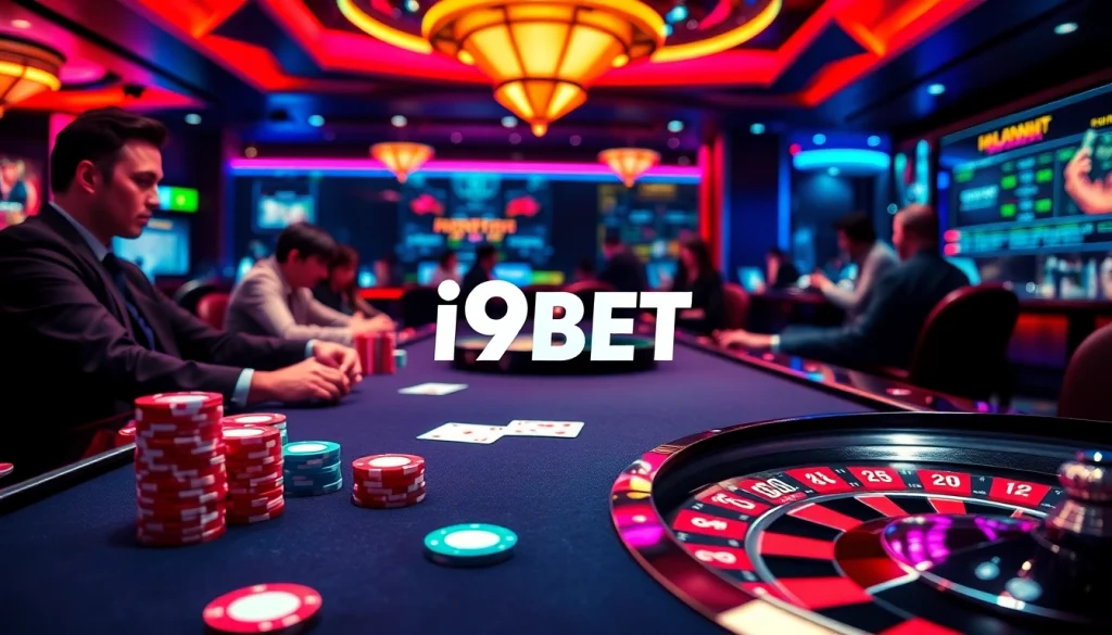 I9BET poker players strategizing over chips at a luxurious casino table, capturing the excitement of online gambling.
