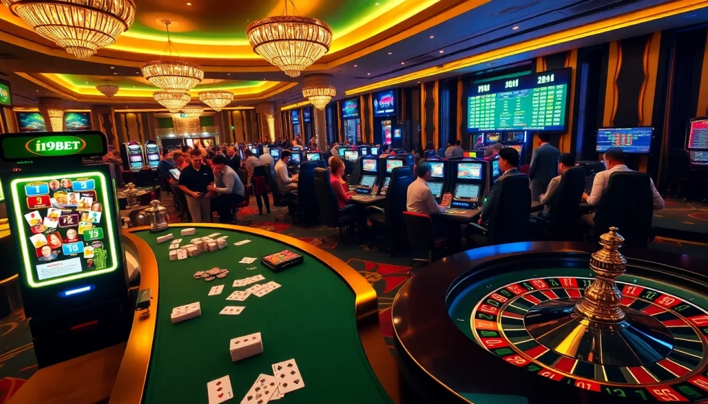 Experience the excitement of i9bet with vibrant casino gaming visuals including cards, chips, and a roulette wheel.