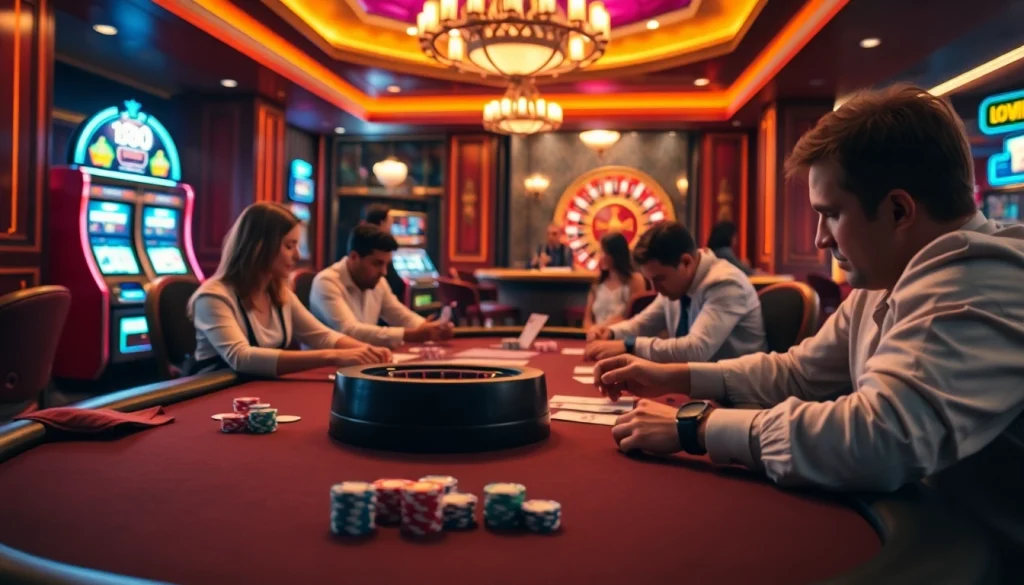 Gambling excitement at a casino featuring players and vibrant viral88 branding elements.
