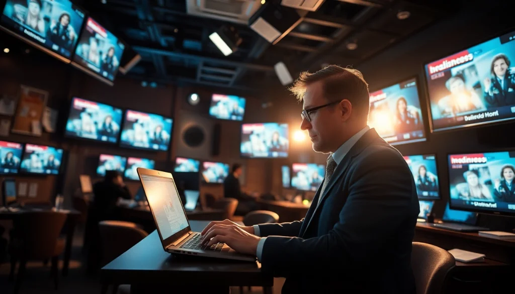 Engaging scene of a journalist working on Usa Today news in a vibrant newsroom.