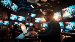Engaging scene of a journalist working on Usa Today news in a vibrant newsroom.