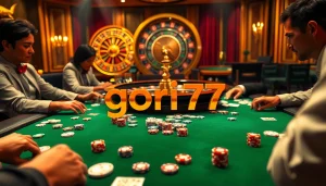 Players engaging in a thrilling poker game at a gori77 casino table, surrounded by colorful chips and cards.