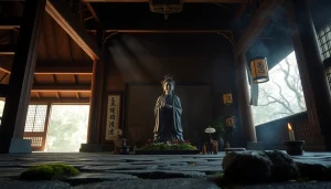 静かな日本の寺院に安置された即身仏像。供物と自然の要素に囲まれている。