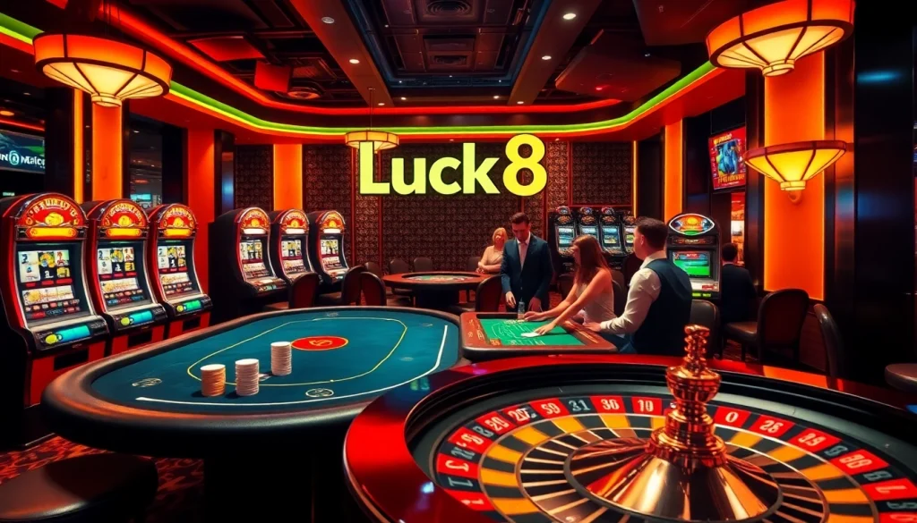 Experience the thrill of Luck8 casino with poker chips and roulette in an exciting gaming atmosphere.