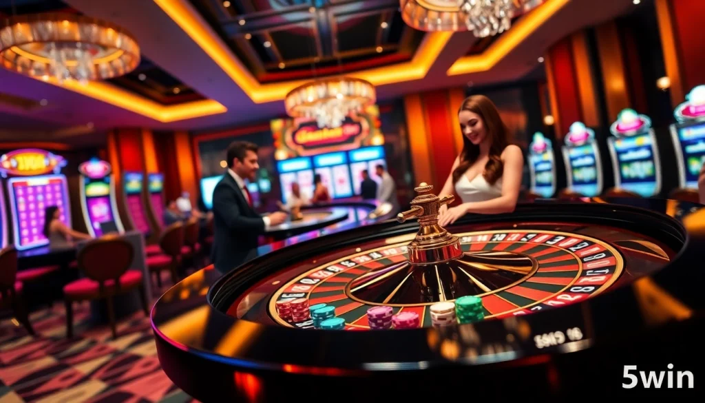 Exciting casino atmosphere with professional dealer at 555win roulette table.