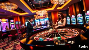 Exciting casino atmosphere with professional dealer at 555win roulette table.