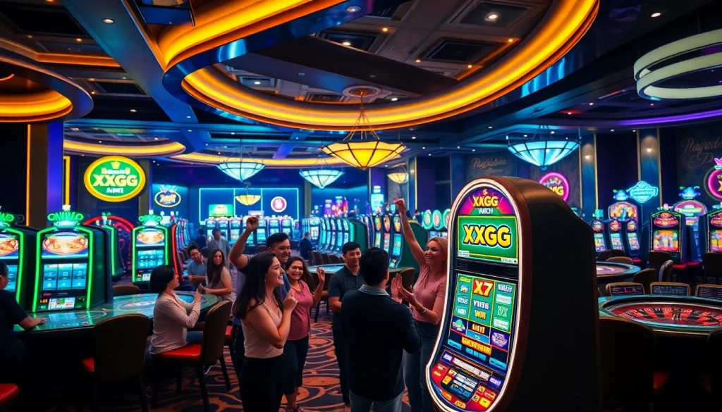 Excited players celebrating a big win at XXGG slot machines in a luxury casino setting.