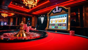 Players celebrating a win at Vuabai9, surrounded by poker chips and roulette tables.