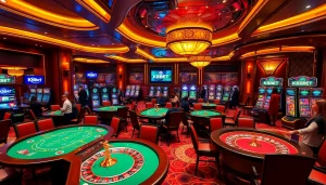 KBBET gaming experience with luxurious casino tables, bright slot machines, and excited players.