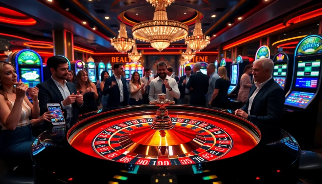 Players enjoying exciting games at a luxurious casino with MV66 technology integration.