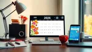 2026 calendar displayed on a modern desk with vibrant seasonal designs, inspiring professional workspace.