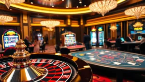 A vibrant casino scene showcasing the excitement of 888b km with roulette, poker tables, and bright slot machines.