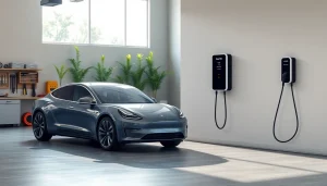 EV charger installation cost displayed in a modern home garage with a sleek electric vehicle.