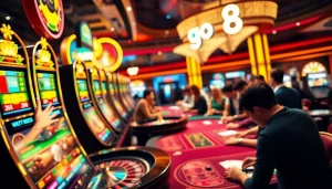 Experience the excitement of go 8 at a bustling casino with dynamic betting actions and vibrant gaming elements.