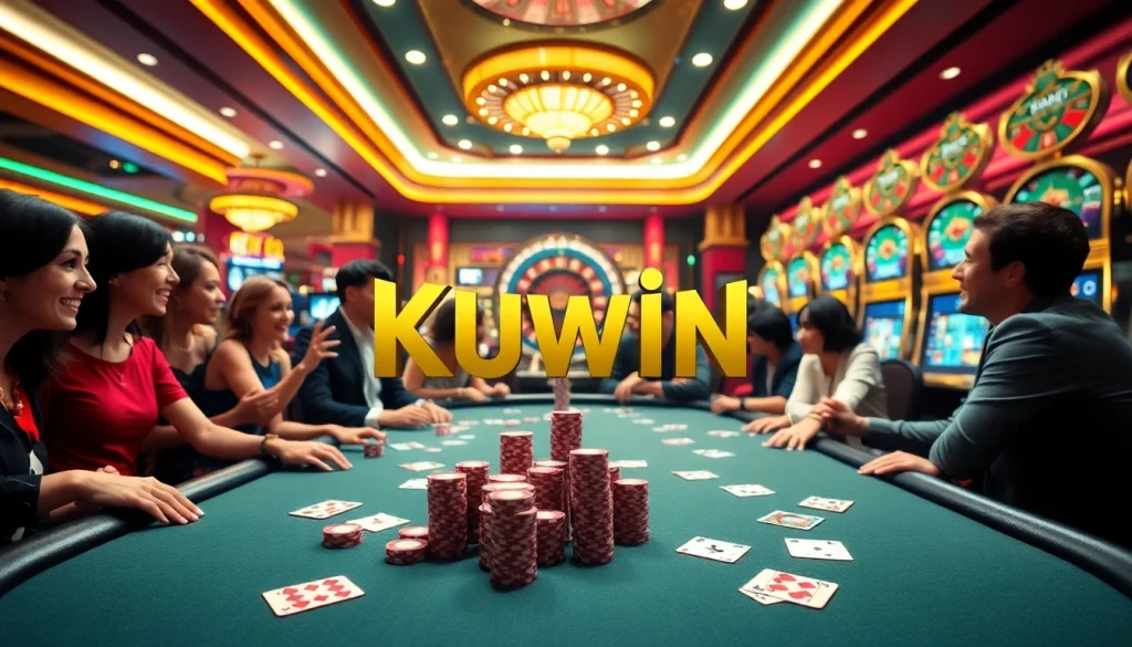 Kuwin poker table with vibrant chips and cards in a lively casino setting.