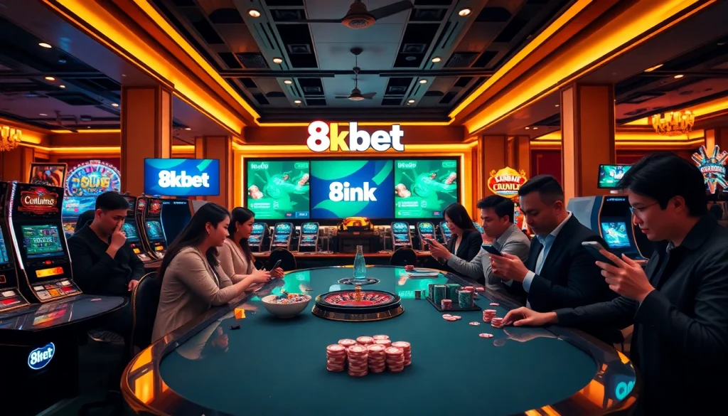 Engaging scene of online gamers with link vào 8kbet highlighted in a vibrant casino setting.