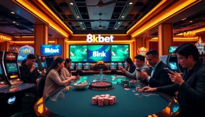 Engaging scene of online gamers with link vào 8kbet highlighted in a vibrant casino setting.