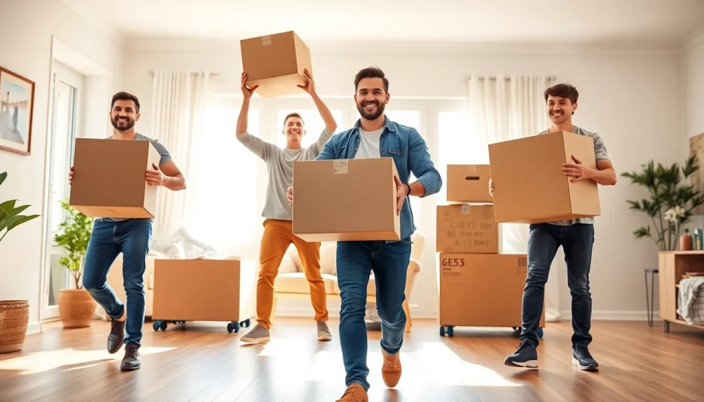 Moving company team efficiently transporting boxes during a move in a bright home.
