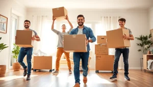 Moving company team efficiently transporting boxes during a move in a bright home.