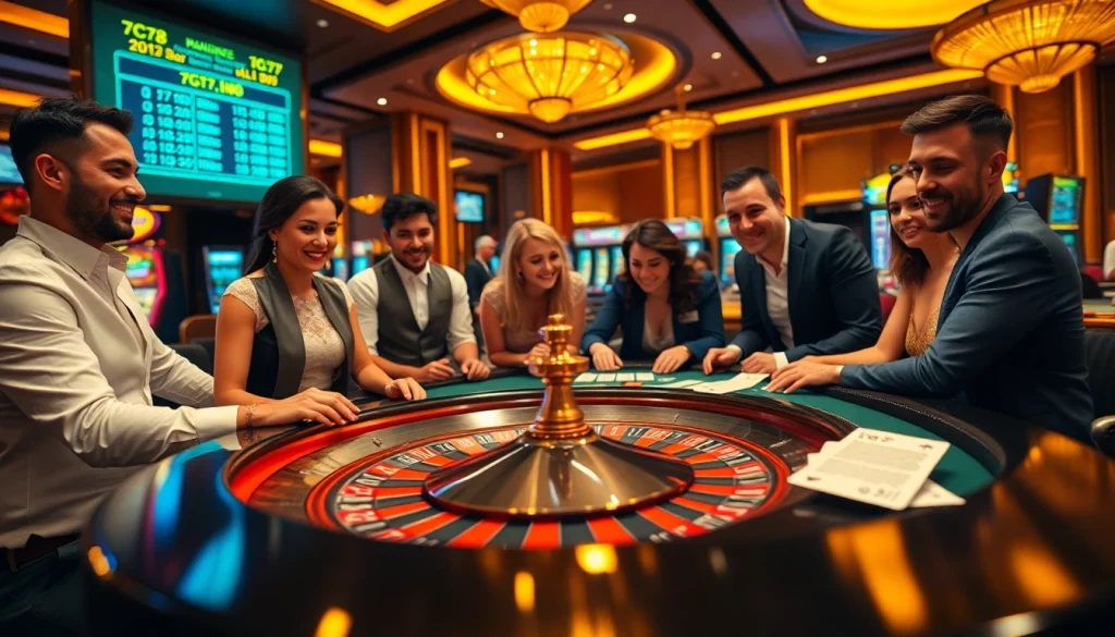 Players enjoying thrilling games at the 7C77 casino with vibrant tables and bright lights.