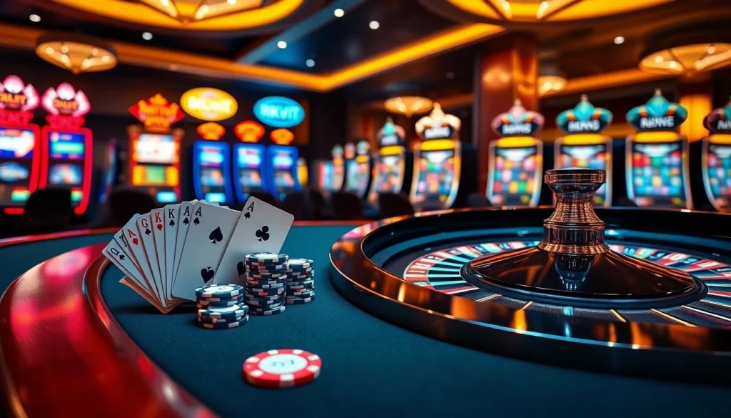 Experience exciting gameplay at RIKVIP with vibrant casino visuals featuring poker, roulette, and slots.