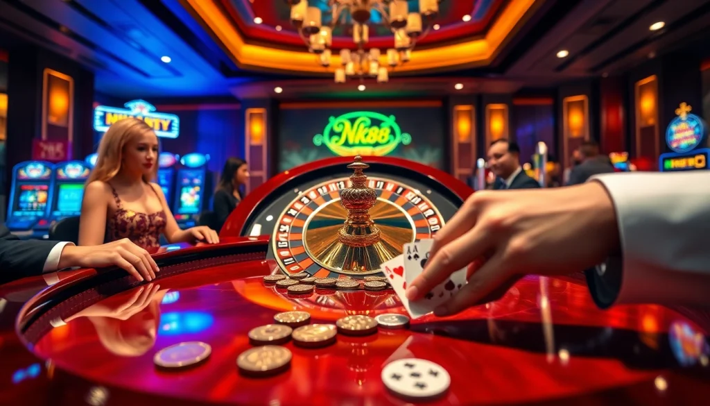 NK88 roulette wheel with players betting in a luxurious casino atmosphere