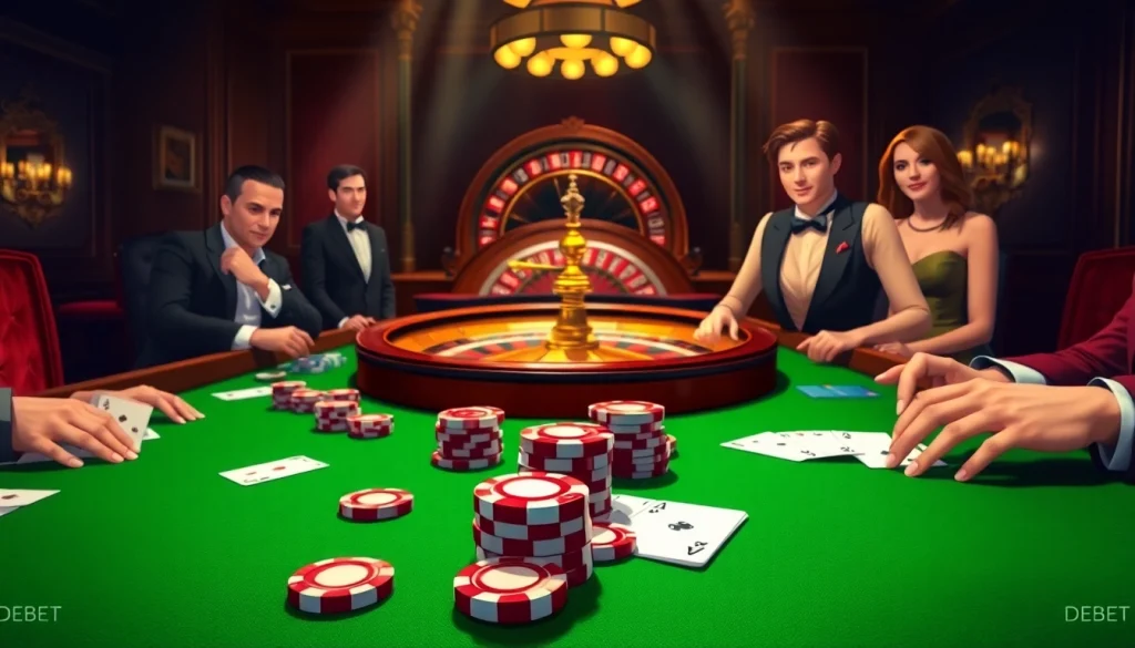 Exciting casino scene with DEBET branding featuring polished chips and cards on a gaming table.