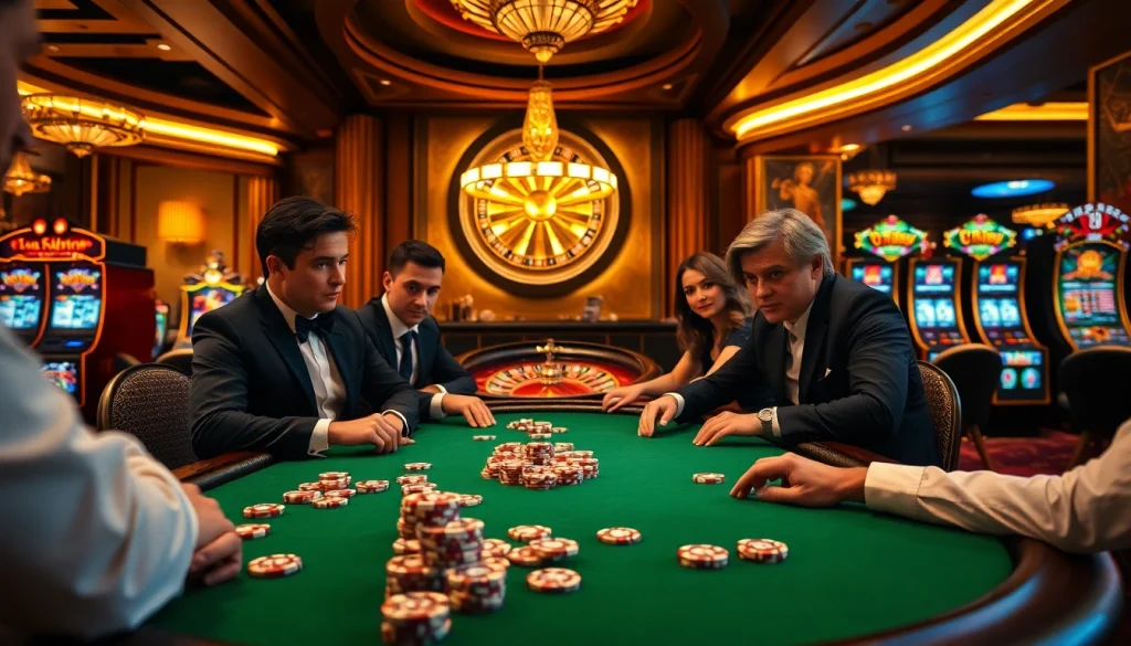 Experience the thrills of gambling at https://58win4b.net/ with players strategizing at an elegant poker table.