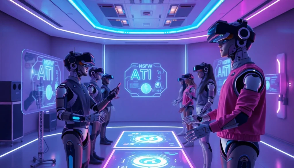 Engaged users in a futuristic VR space interacting with nsfw ai characters and holographic displays.