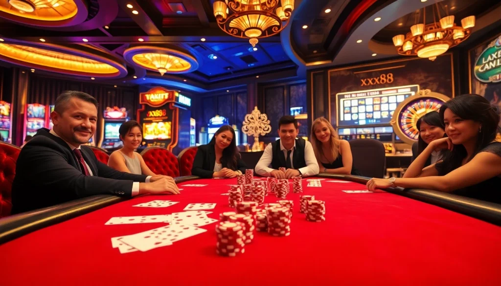 A high-stakes poker scene showcasing excitement with xx88 chips and cards at a luxurious casino table.