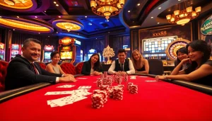 A high-stakes poker scene showcasing excitement with xx88 chips and cards at a luxurious casino table.