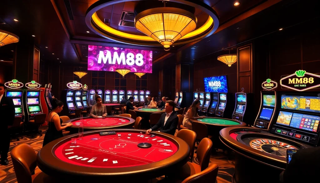 Engage in exciting casino games at MM88 featuring luxurious tables and vibrant slot machines.