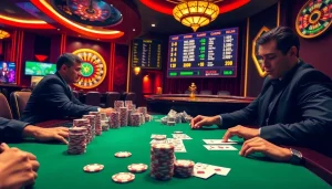 Kuwin casino table featuring poker chips and an illuminated roulette wheel for an immersive gambling experience.
