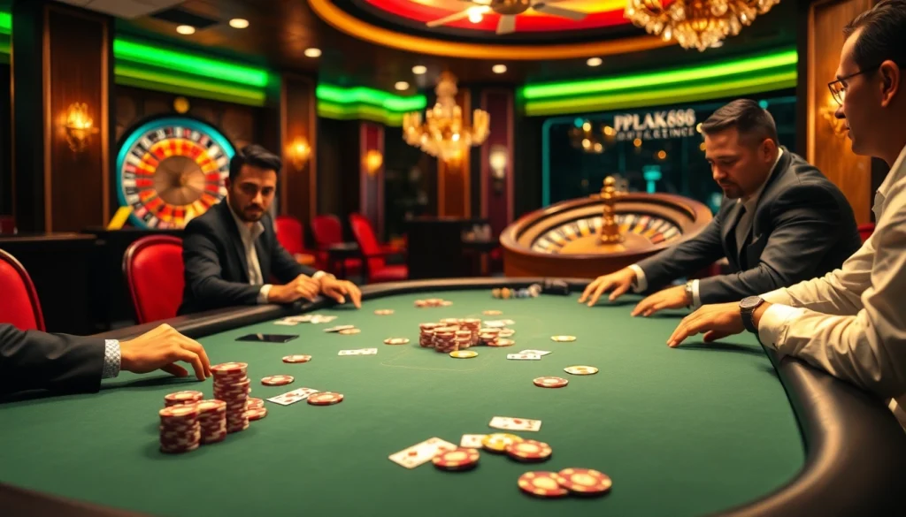 Experience thrilling poker action at open888's premium casino tables with vibrant chips and cards.
