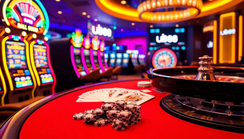 Engage with u888's vibrant casino scene featuring poker chips, cards, and a spinning roulette wheel.