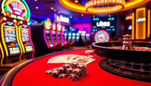 Engage with u888's vibrant casino scene featuring poker chips, cards, and a spinning roulette wheel.