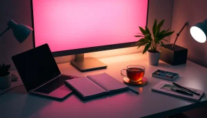 Calming pink screen background enhancing workspace aesthetics for creativity.