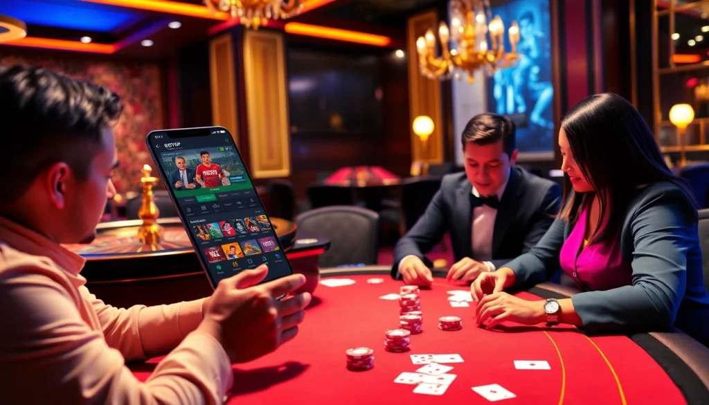 Người chơi cá cược đang tận hưởng ứng dụng betvip trên thiết bị di động giữa bối cảnh casino sang trọng.