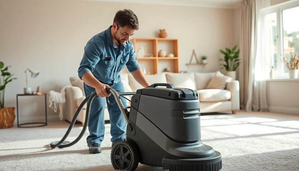 Professional technician performing carpet cleaning roseville ca in a bright living room.