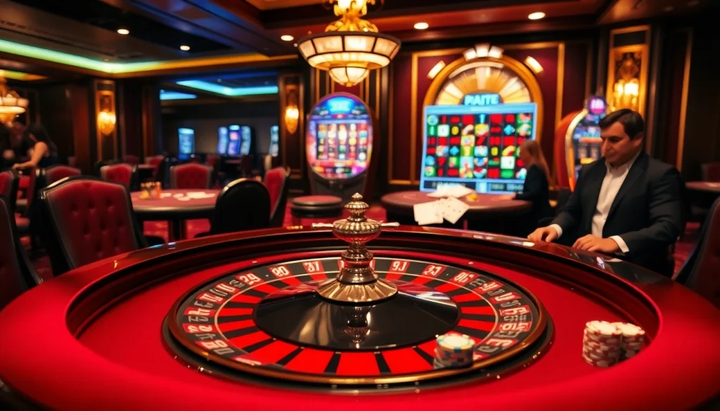 Engage with thrilling games at https://kuwinblog.com/, showcasing a luxurious casino scene filled with excitement and high stakes.