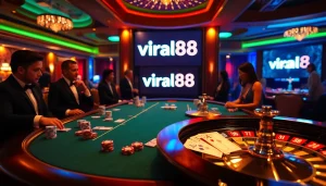 Engaged players at a poker table showcasing viral88 in a luxurious casino environment.