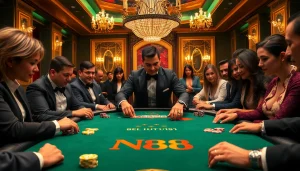 Engaging players at an NK88-themed poker table in a luxurious casino setting.