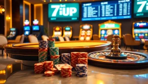 Players strategizing bets at a luxurious casino table featuring 7upbet promotions.