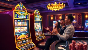 A player winning on the SLOTS8 slot machine in a luxurious casino setting with vibrant colors.