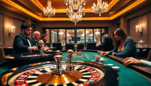 A captivating scene illustrating house extension construction with gambling excitement at the forefront, featuring roulette and poker games.