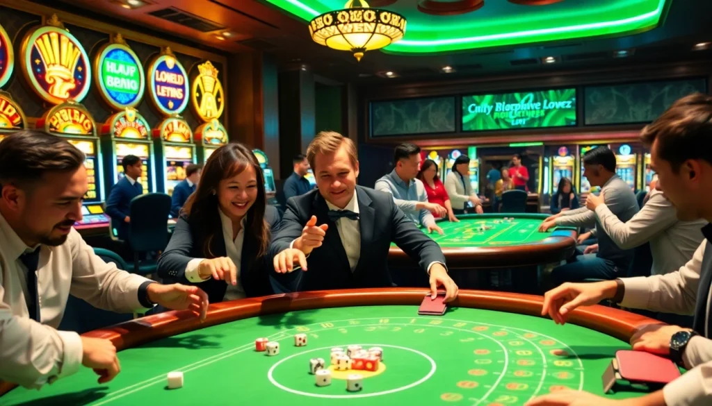 68VIP players engaging in thrilling dice games and slot machines at a luxurious casino.