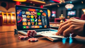 Engaging scene at hi88c.com with poker chips and online slot games, creating an immersive gambling experience.