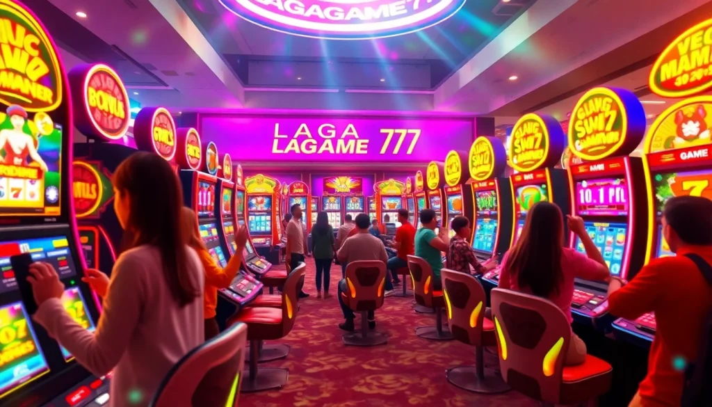 LAGAGAME77 gaming environment with players enjoying vibrant slot machines and exciting bonuses.