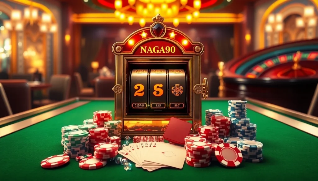 Naga99 slot machine surrounded by vibrant poker chips and playing cards on a casino table.