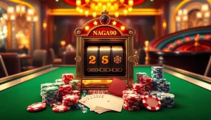 Naga99 slot machine surrounded by vibrant poker chips and playing cards on a casino table.